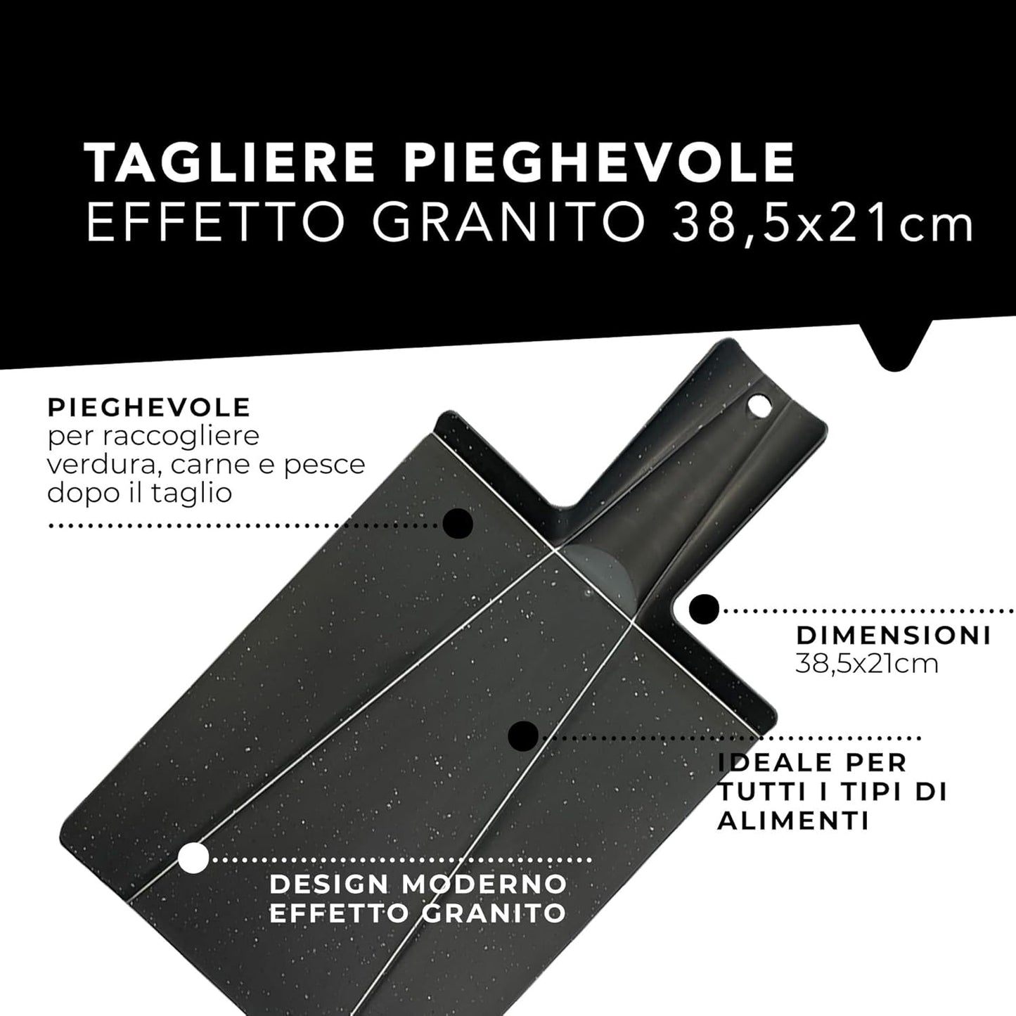 Tagliere Pieghevole in PP Effetto Granito, Ideale per Tagliare, Affettare E Preparare, Foro Incluso, Lavabile in Lavastoviglie, Dimensione 38,5X21 Cm