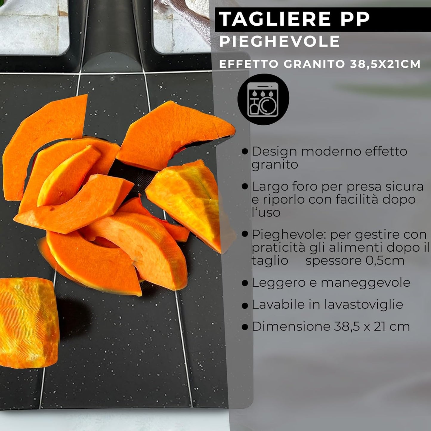 Tagliere Pieghevole in PP Effetto Granito, Ideale per Tagliare, Affettare E Preparare, Foro Incluso, Lavabile in Lavastoviglie, Dimensione 38,5X21 Cm