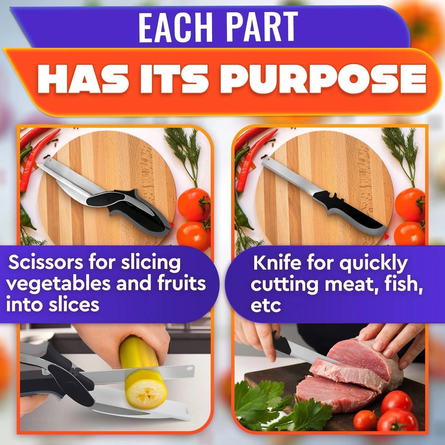 Kitchen Scissors for Food – 2 in 1 Cutting Board Scissors & Knife with Locking Mechanism & Stainless Steel Blades – Multifunctional Kitchen Shears for Effortless Chopping Slicing & Meal Prep