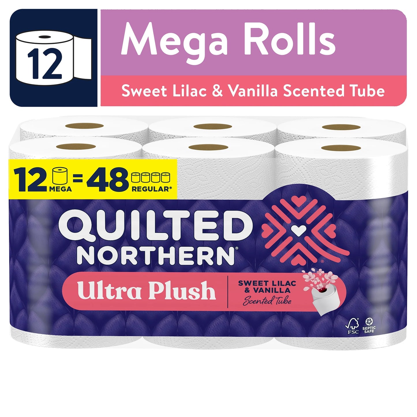 Ultra Plush 3-Ply Toilet Paper, Sweet Lilac & Vanilla Scented Tube, 12 Mega Rolls