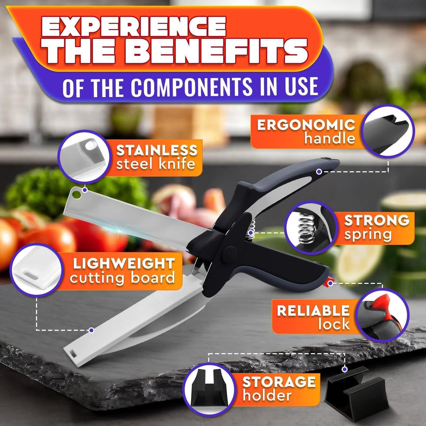 Kitchen Scissors for Food – 2 in 1 Cutting Board Scissors & Knife with Locking Mechanism & Stainless Steel Blades – Multifunctional Kitchen Shears for Effortless Chopping Slicing & Meal Prep