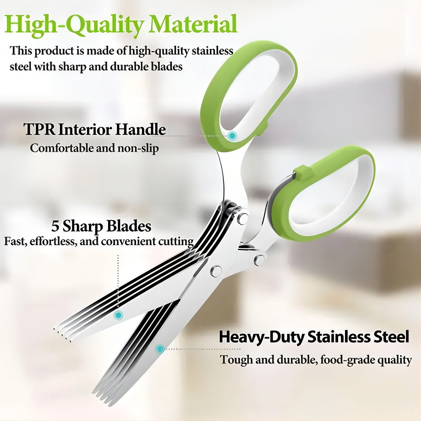 5-Blade Herb Scissors with Blade Cleaning Tool – Fast & Uniform Herb Chopper, Ergonomic Anti-Slip Handles